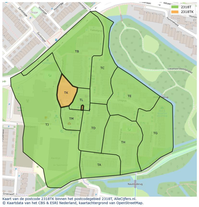 Afbeelding van het postcodegebied 2318 TK op de kaart.