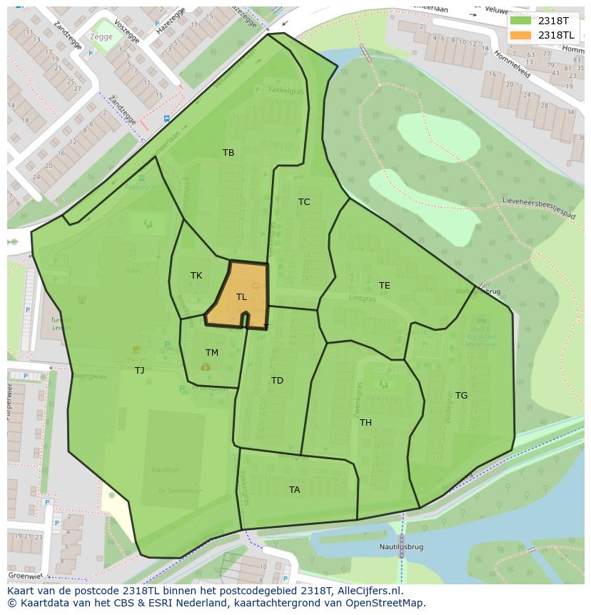 Afbeelding van het postcodegebied 2318 TL op de kaart.
