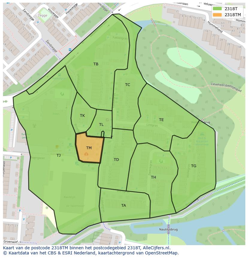 Afbeelding van het postcodegebied 2318 TM op de kaart.
