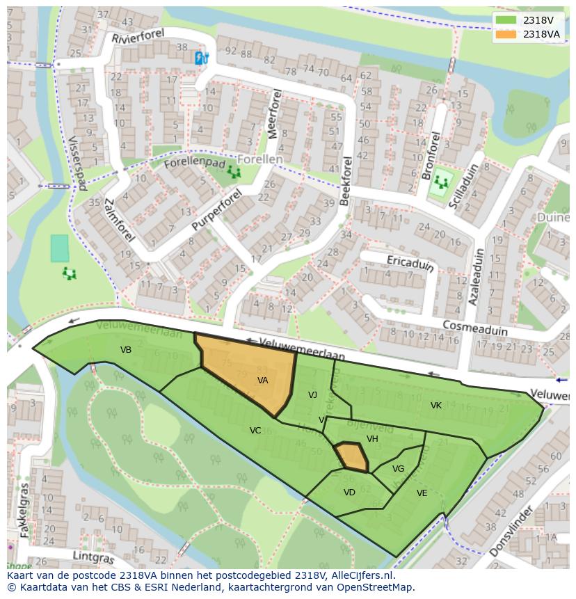 Afbeelding van het postcodegebied 2318 VA op de kaart.