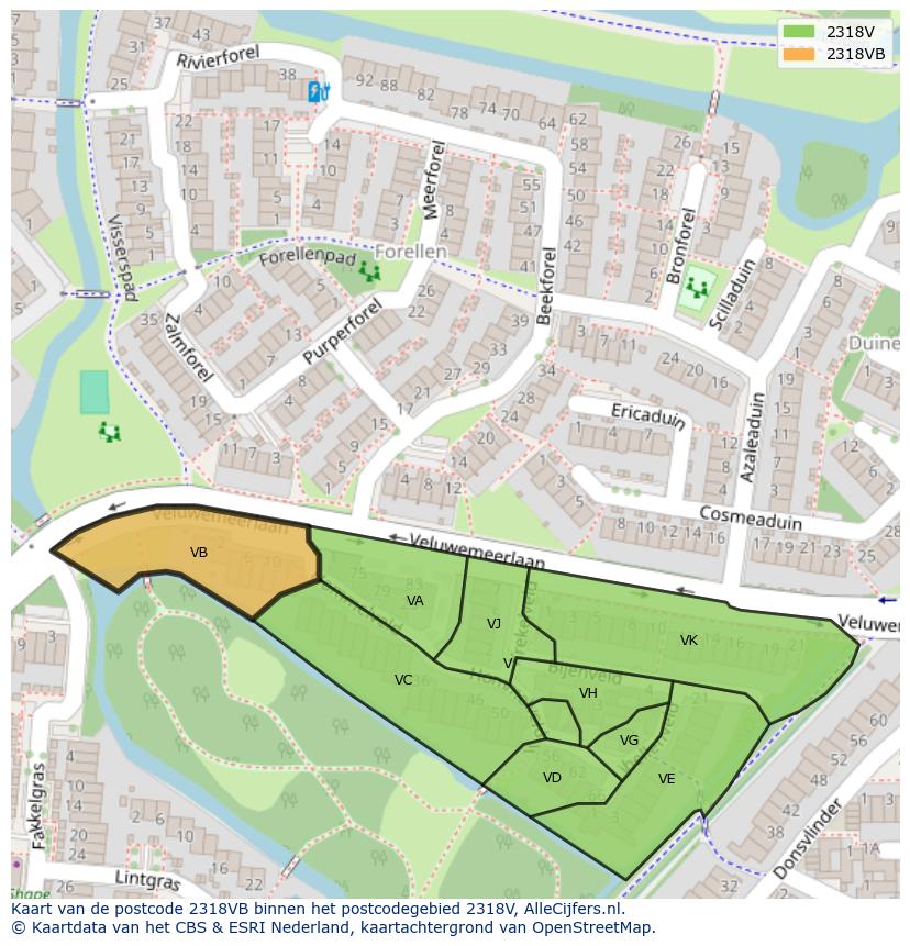 Afbeelding van het postcodegebied 2318 VB op de kaart.