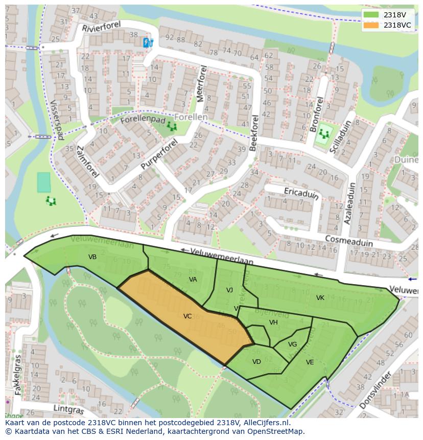 Afbeelding van het postcodegebied 2318 VC op de kaart.