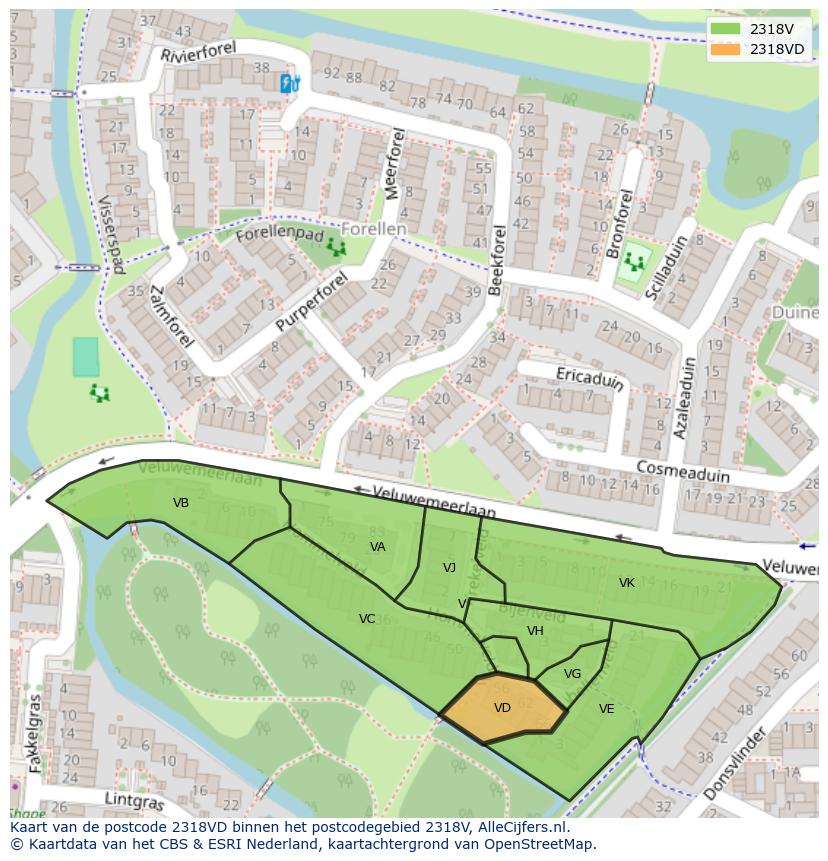 Afbeelding van het postcodegebied 2318 VD op de kaart.