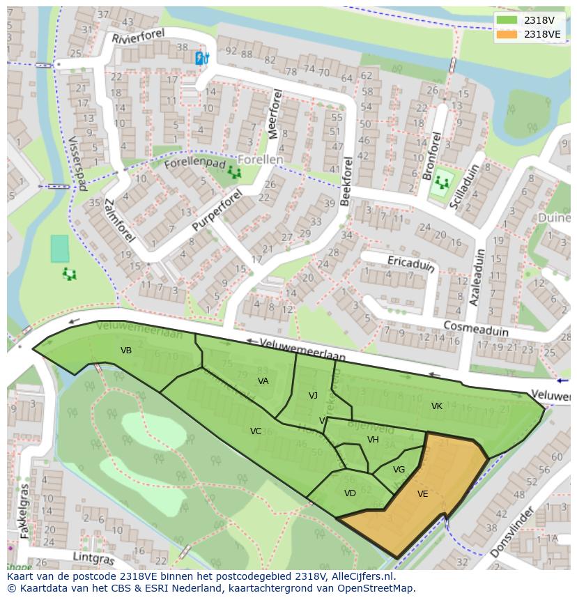 Afbeelding van het postcodegebied 2318 VE op de kaart.