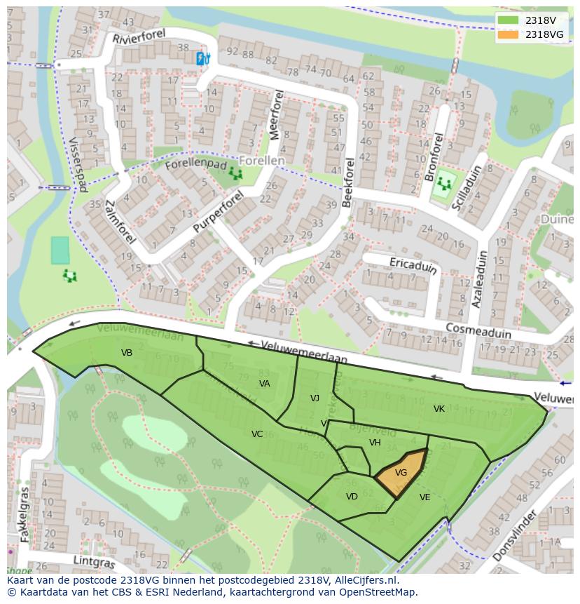 Afbeelding van het postcodegebied 2318 VG op de kaart.