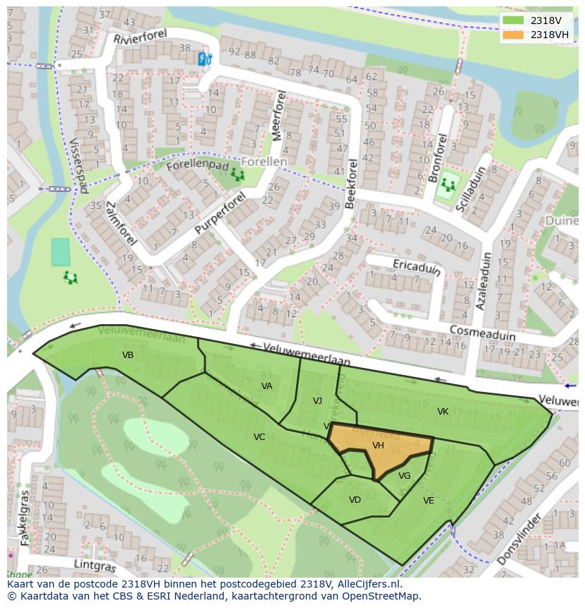 Afbeelding van het postcodegebied 2318 VH op de kaart.