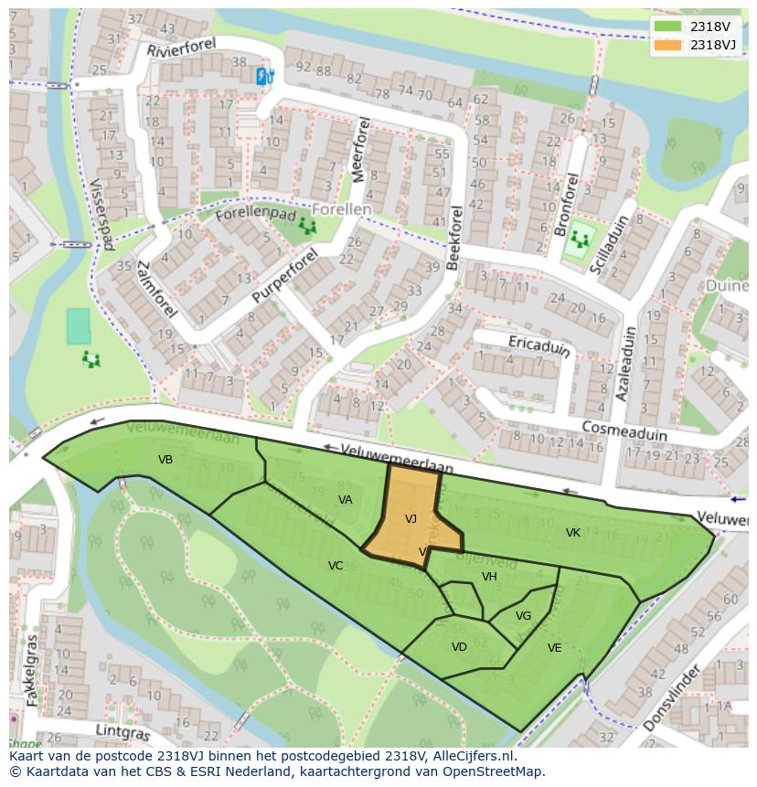 Afbeelding van het postcodegebied 2318 VJ op de kaart.