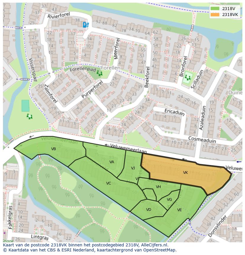 Afbeelding van het postcodegebied 2318 VK op de kaart.