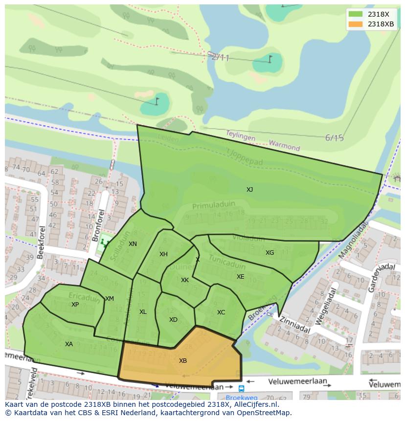 Afbeelding van het postcodegebied 2318 XB op de kaart.