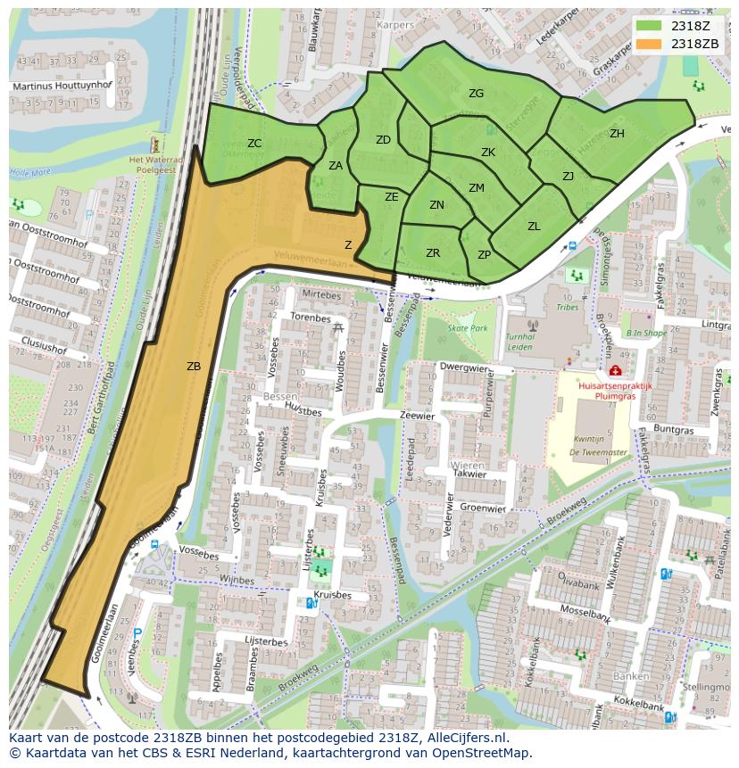 Afbeelding van het postcodegebied 2318 ZB op de kaart.