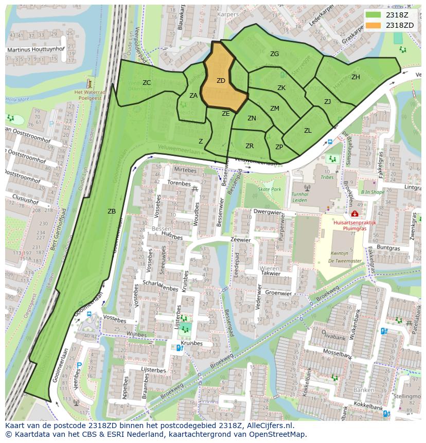 Afbeelding van het postcodegebied 2318 ZD op de kaart.
