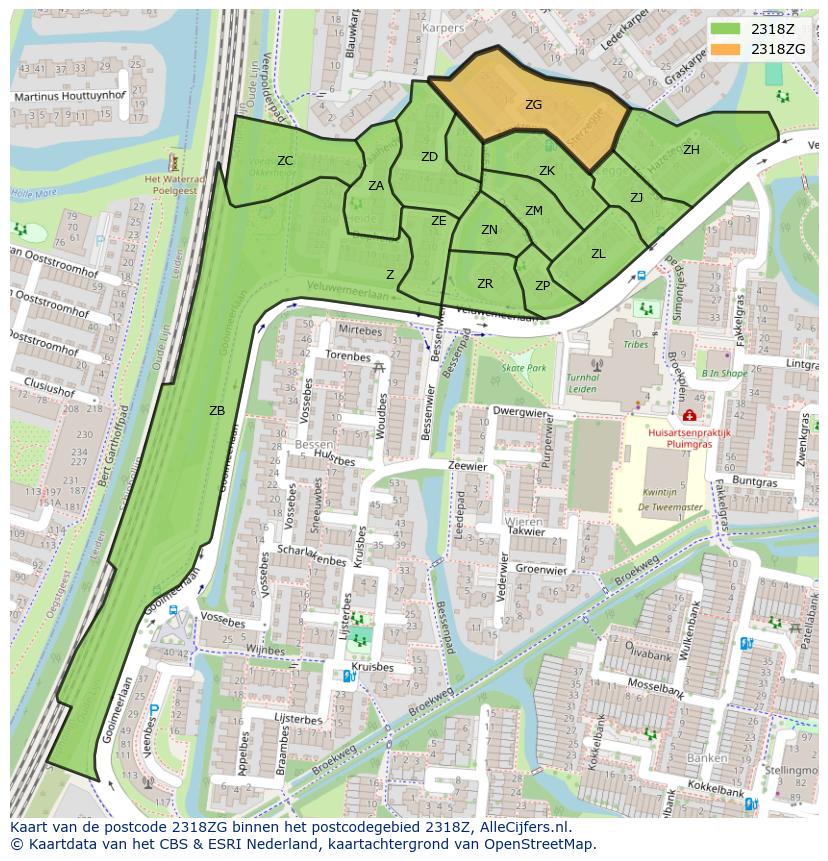 Afbeelding van het postcodegebied 2318 ZG op de kaart.
