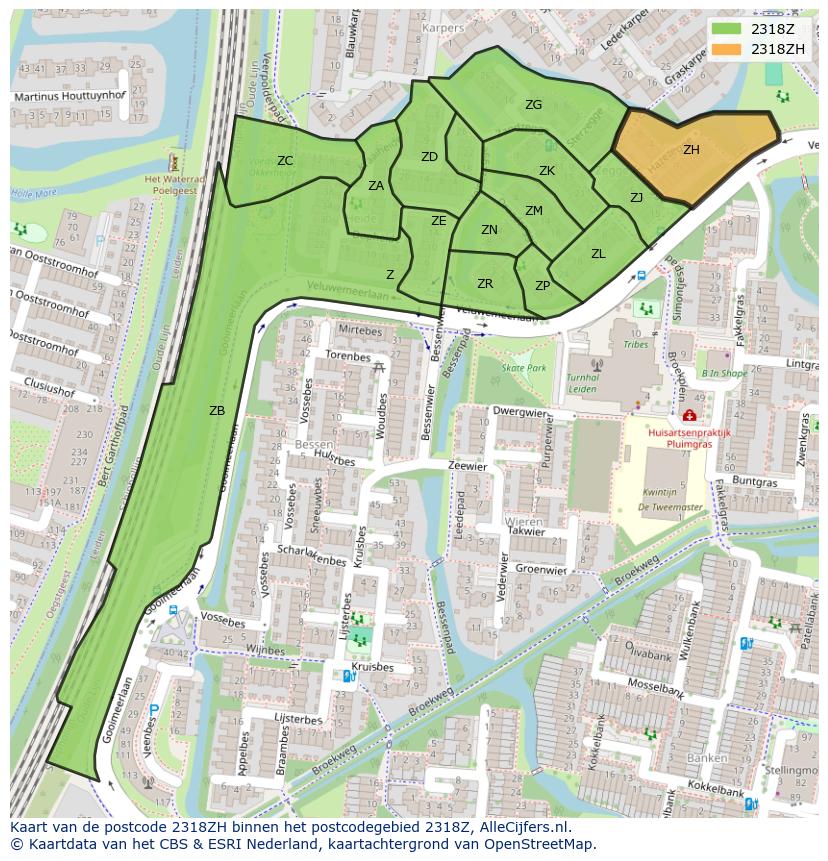 Afbeelding van het postcodegebied 2318 ZH op de kaart.