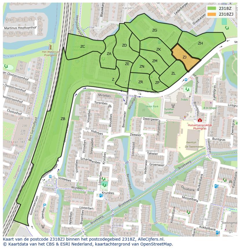 Afbeelding van het postcodegebied 2318 ZJ op de kaart.