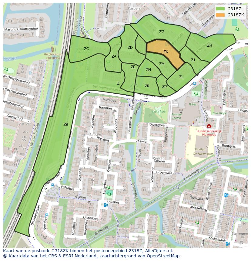 Afbeelding van het postcodegebied 2318 ZK op de kaart.