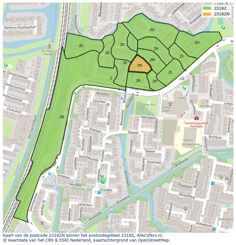Afbeelding van het postcodegebied 2318 ZN op de kaart.