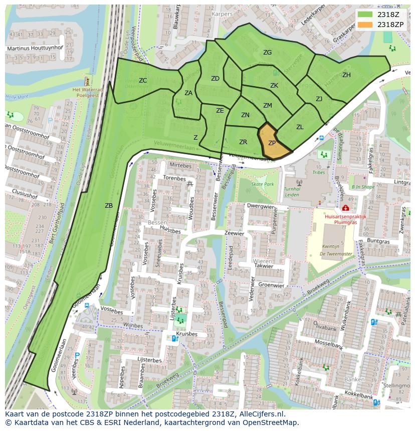 Afbeelding van het postcodegebied 2318 ZP op de kaart.