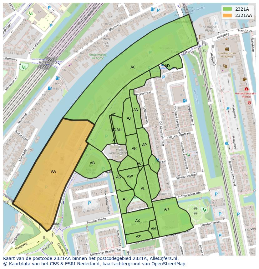 Afbeelding van het postcodegebied 2321 AA op de kaart.