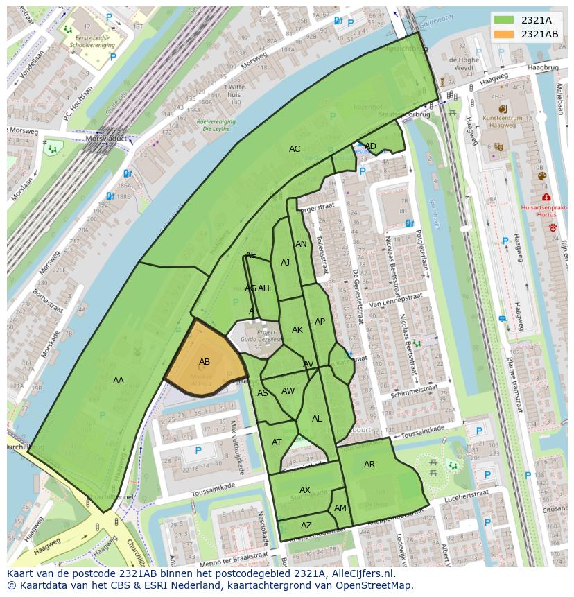 Afbeelding van het postcodegebied 2321 AB op de kaart.