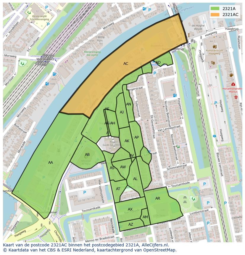Afbeelding van het postcodegebied 2321 AC op de kaart.
