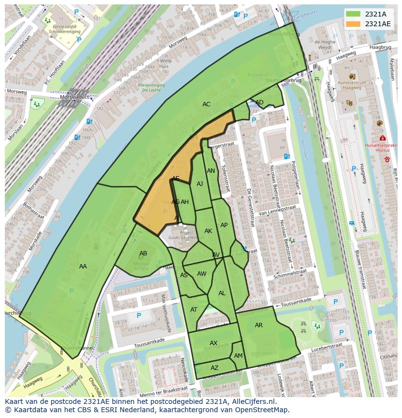 Afbeelding van het postcodegebied 2321 AE op de kaart.