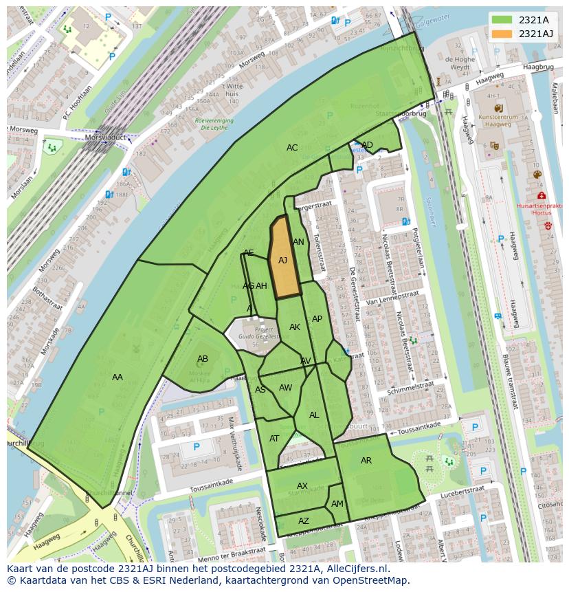 Afbeelding van het postcodegebied 2321 AJ op de kaart.