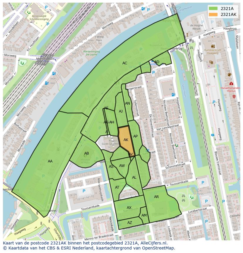 Afbeelding van het postcodegebied 2321 AK op de kaart.