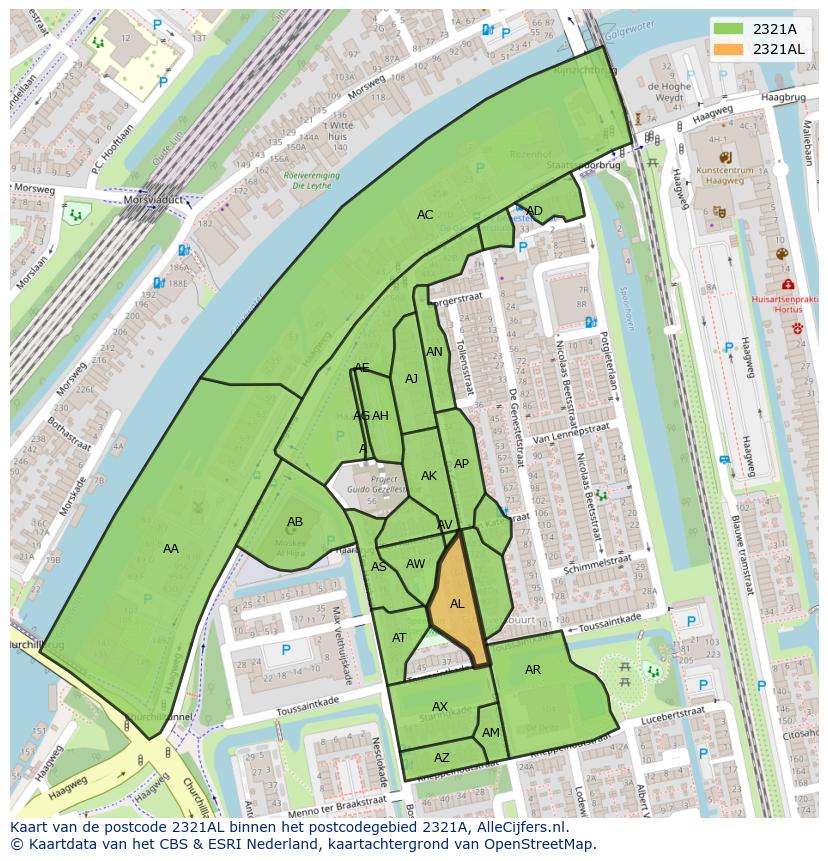 Afbeelding van het postcodegebied 2321 AL op de kaart.