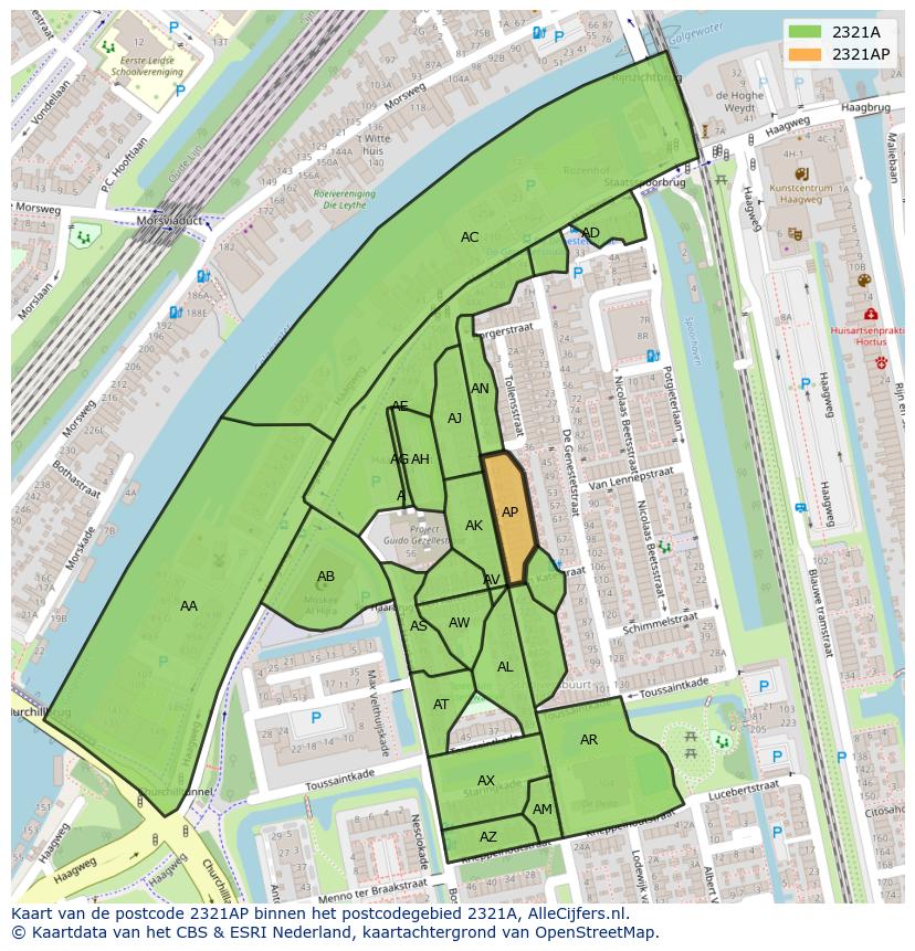 Afbeelding van het postcodegebied 2321 AP op de kaart.