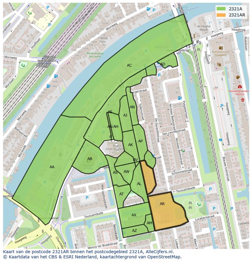 Afbeelding van het postcodegebied 2321 AR op de kaart.