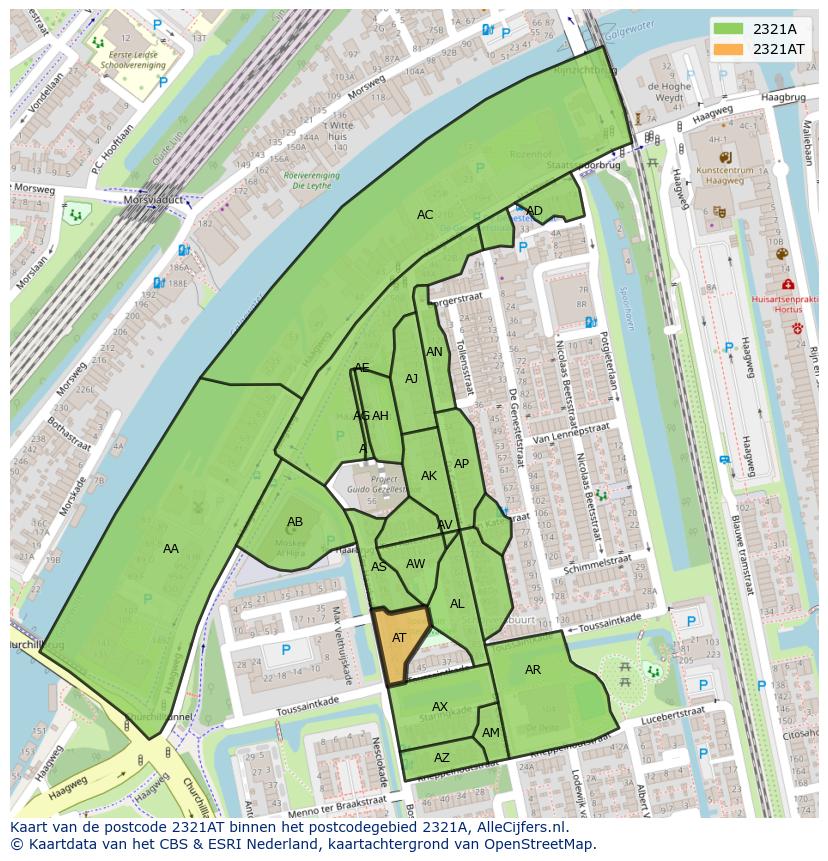 Afbeelding van het postcodegebied 2321 AT op de kaart.