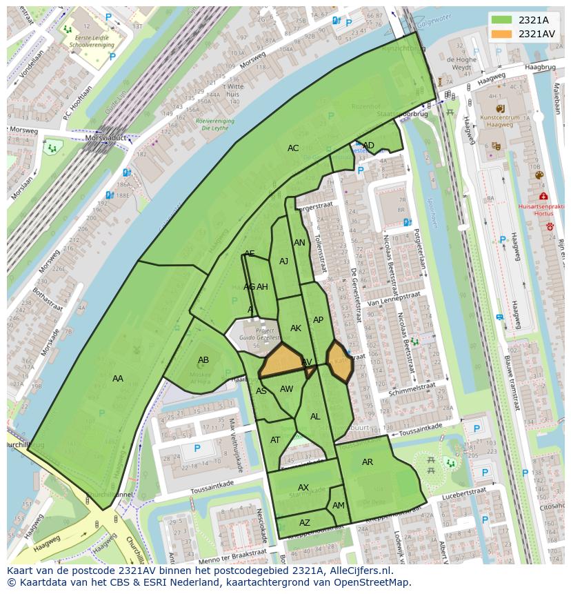 Afbeelding van het postcodegebied 2321 AV op de kaart.