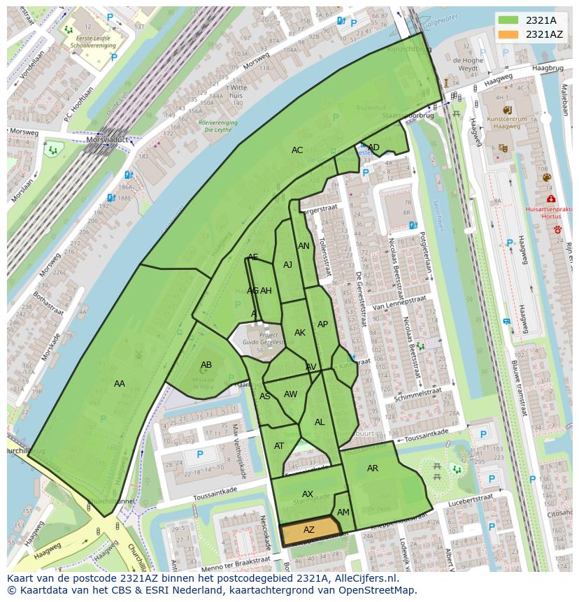 Afbeelding van het postcodegebied 2321 AZ op de kaart.