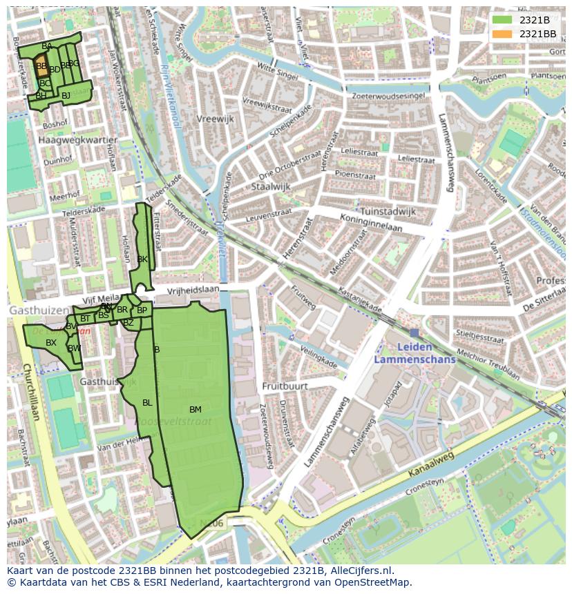 Afbeelding van het postcodegebied 2321 BB op de kaart.
