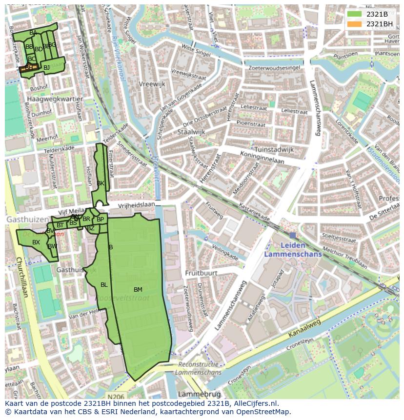 Afbeelding van het postcodegebied 2321 BH op de kaart.