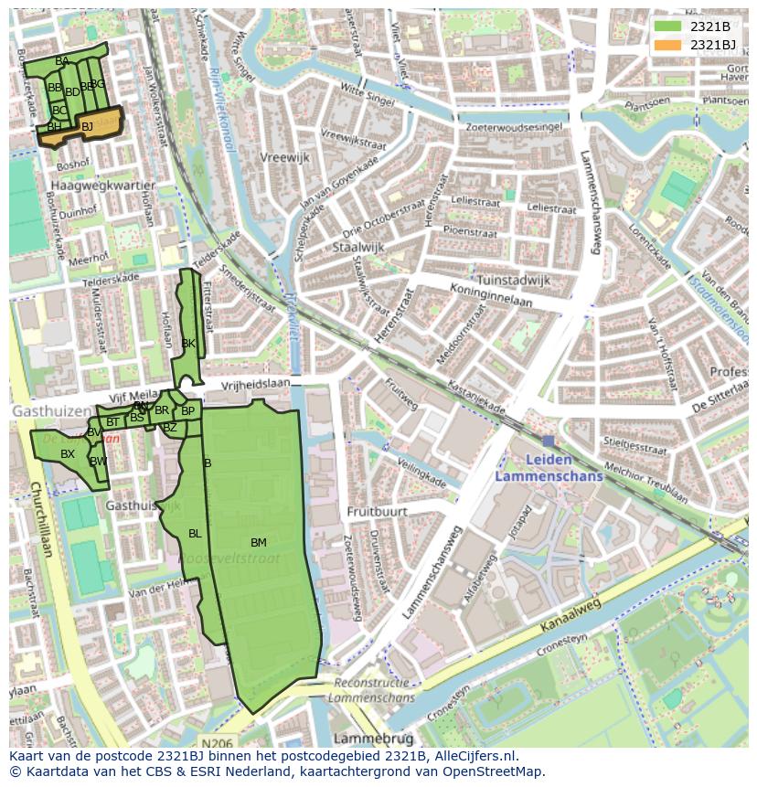 Afbeelding van het postcodegebied 2321 BJ op de kaart.
