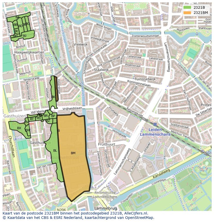 Afbeelding van het postcodegebied 2321 BM op de kaart.