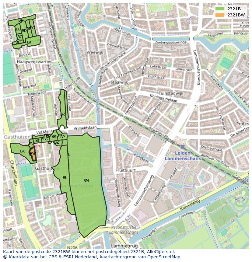 Afbeelding van het postcodegebied 2321 BW op de kaart.