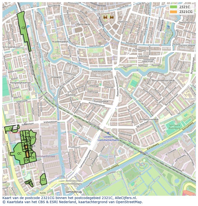 Afbeelding van het postcodegebied 2321 CG op de kaart.