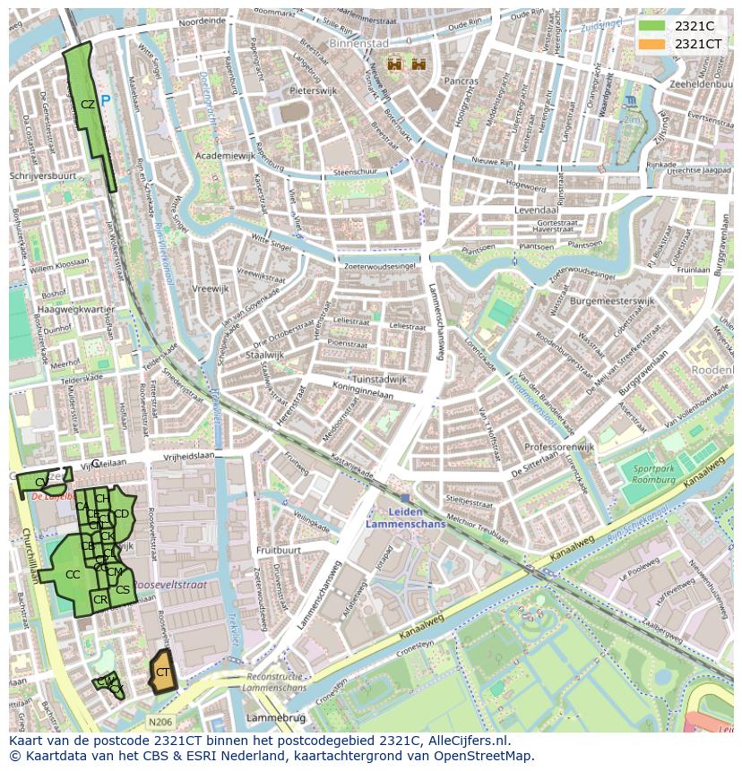 Afbeelding van het postcodegebied 2321 CT op de kaart.