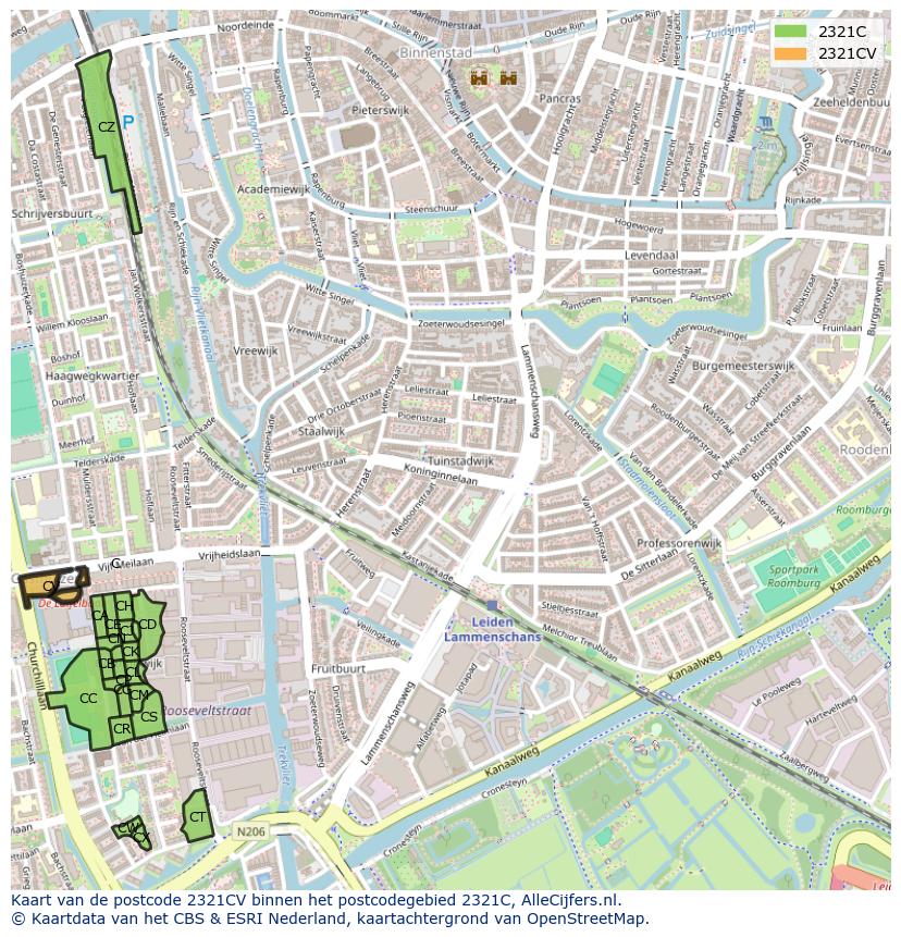 Afbeelding van het postcodegebied 2321 CV op de kaart.