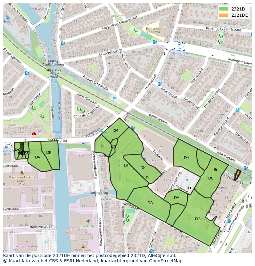 Afbeelding van het postcodegebied 2321 DE op de kaart.