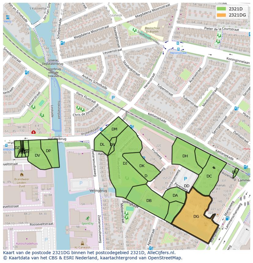 Afbeelding van het postcodegebied 2321 DG op de kaart.