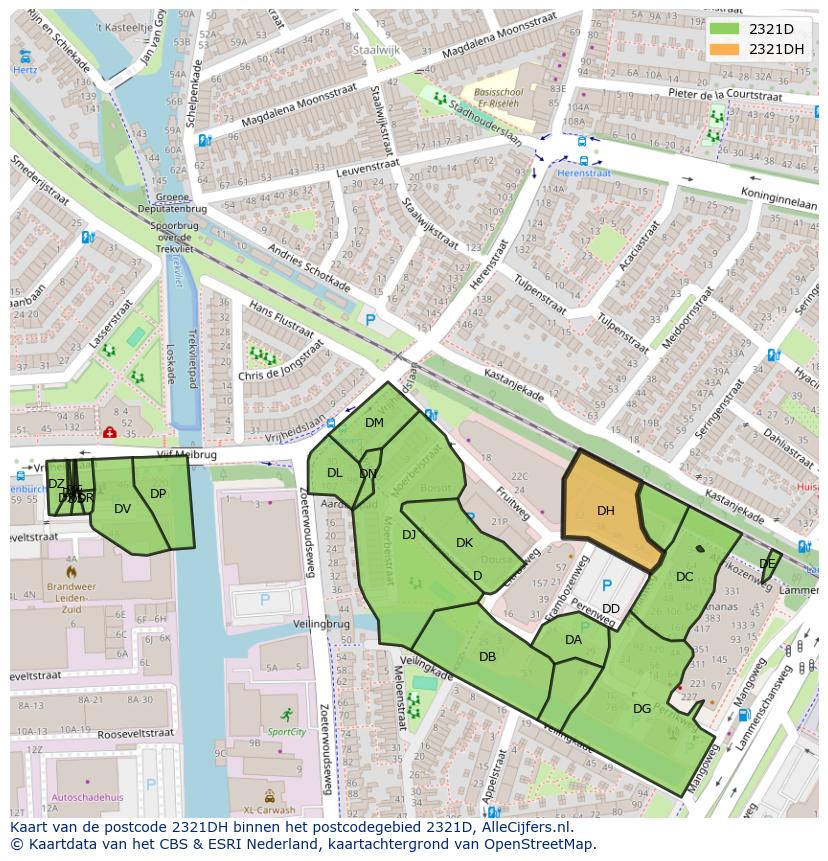 Afbeelding van het postcodegebied 2321 DH op de kaart.