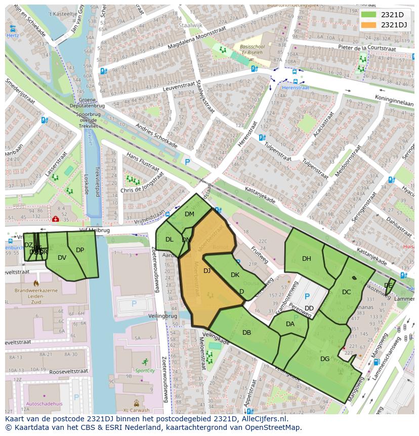Afbeelding van het postcodegebied 2321 DJ op de kaart.