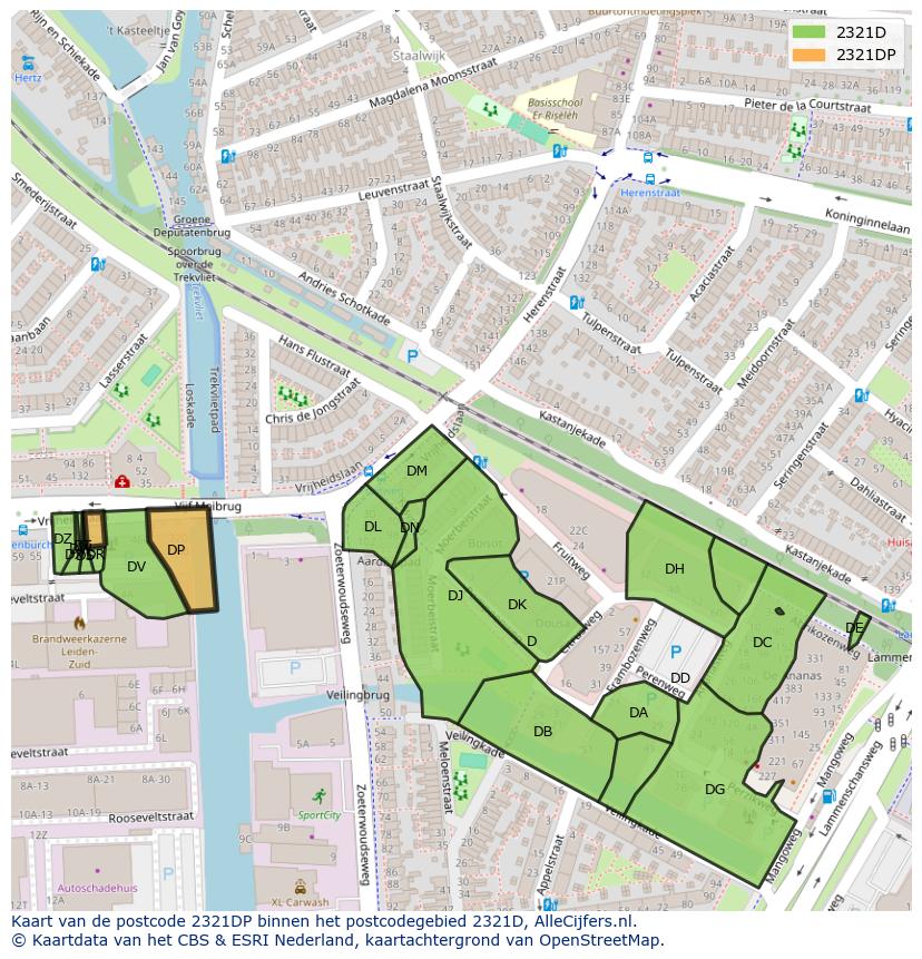 Afbeelding van het postcodegebied 2321 DP op de kaart.