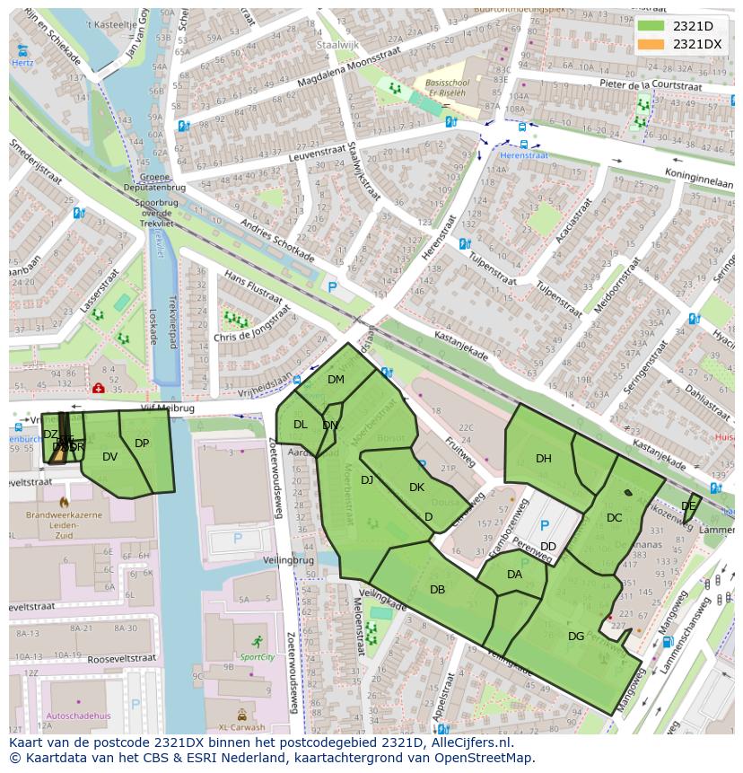 Afbeelding van het postcodegebied 2321 DX op de kaart.