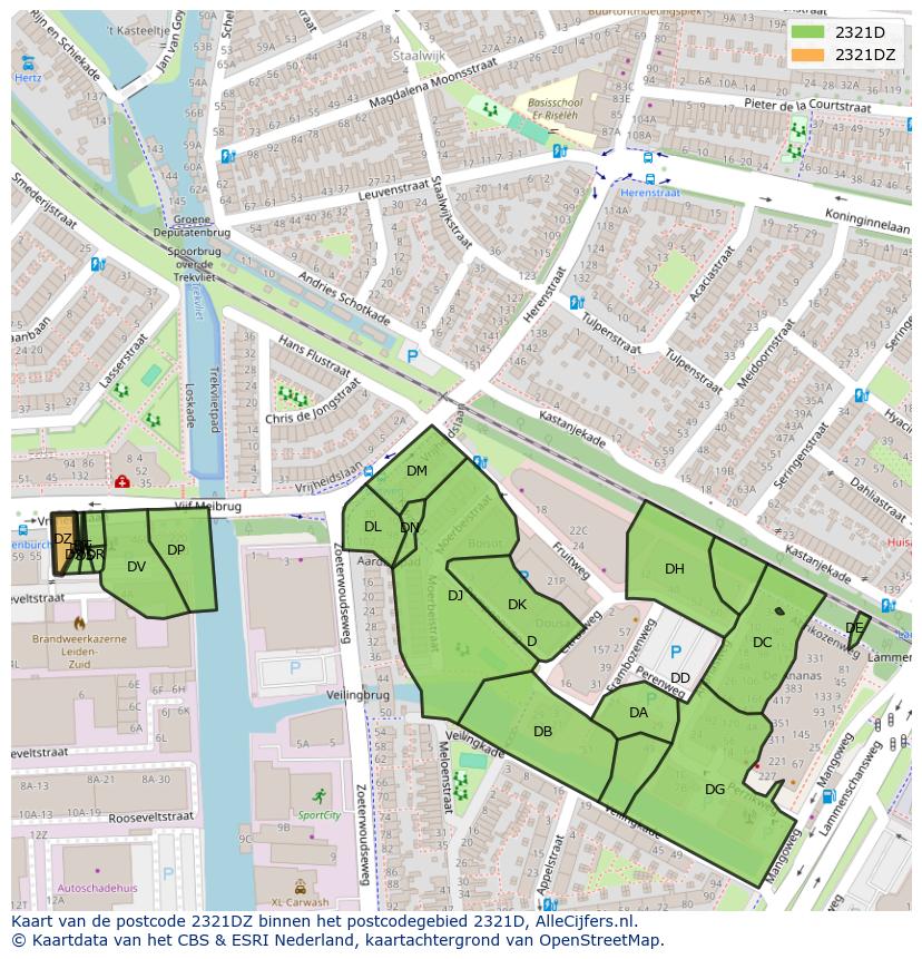Afbeelding van het postcodegebied 2321 DZ op de kaart.