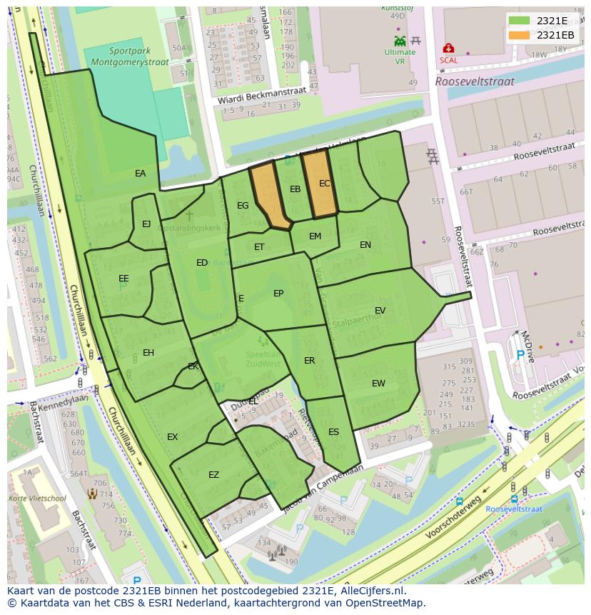 Afbeelding van het postcodegebied 2321 EB op de kaart.