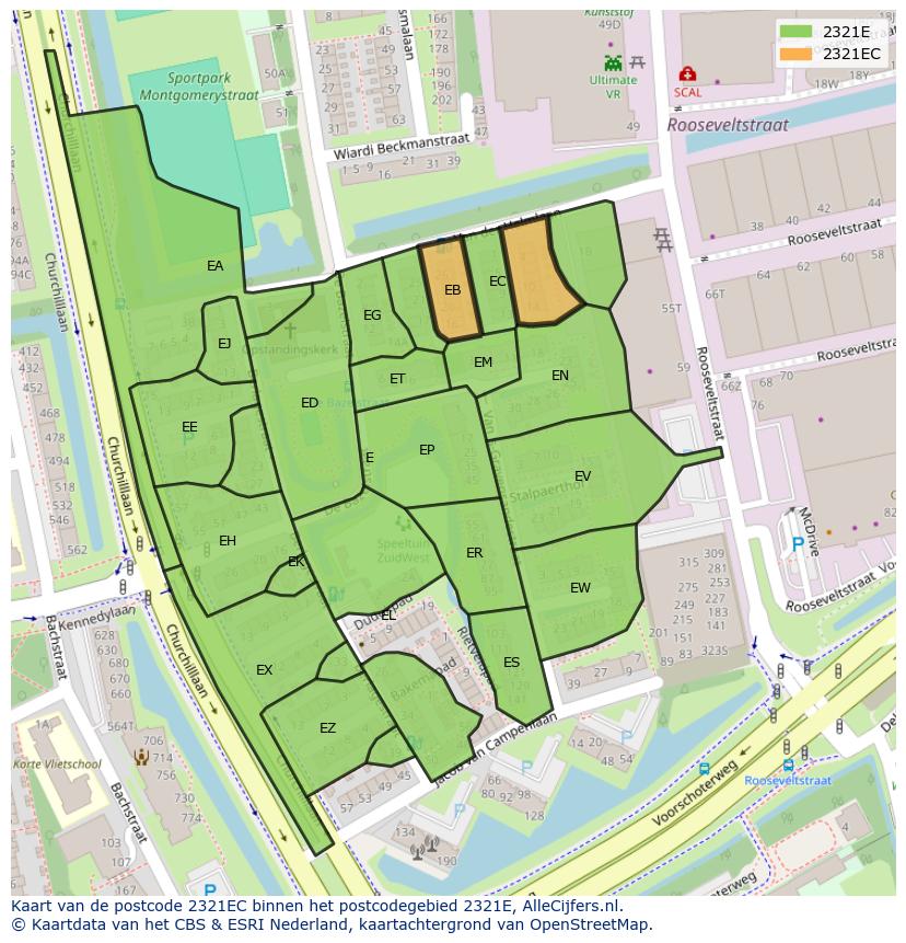Afbeelding van het postcodegebied 2321 EC op de kaart.